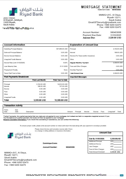 Download Saudi Arabia Riyad Bank mortgage statement in Word and PDF formats Photoshop template